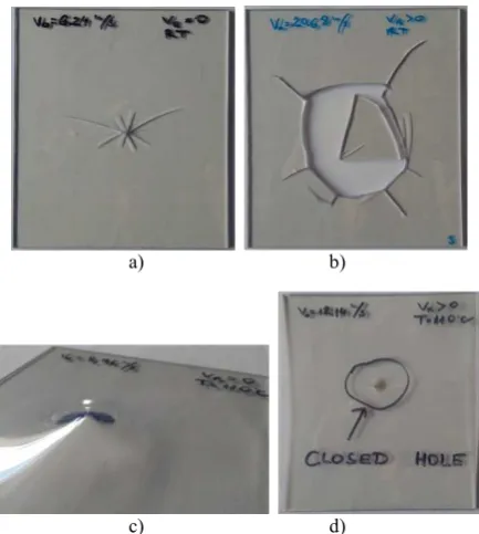 Fig. 7. Failure modes close to the ballistic limit a) no perforation at V0=6,24 m/s, 20 ˚C, b) perforation at V0=20,68 m/s, 20 ˚C, c) no perforation at V0=8,96 m/s, 110 ˚C, d) perforation at V0=12,14 m/s, 110 ˚C