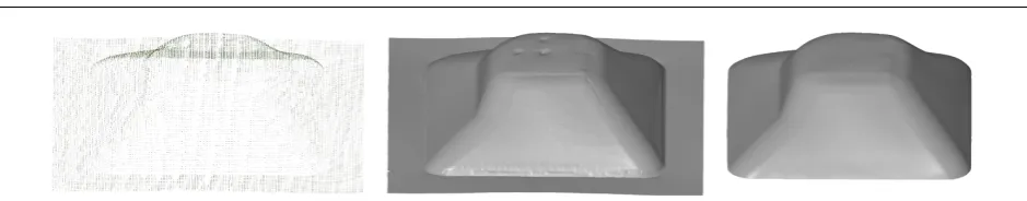 Fig. 12 Initial point cloud (left); Created polygon mesh based on the initial point cloud (middle); Optimised and smoothedsurface (right)