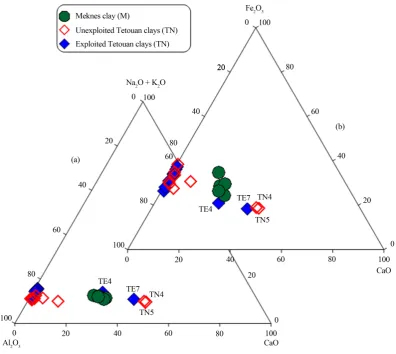Figure 2. Ternary plot of: (a) Al2O3-CaO-Na2O + K2O; and (b) Al2O3-CaO-Fe2O3 (all in wt%) for studied clay samples