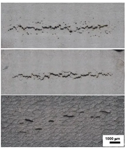 Fig. 2. Optical micrographs showing post-spall damage in 316LSS (top) wrought, (middle) AM heat treated and (bottom) AM.The larger black regions represent voids.