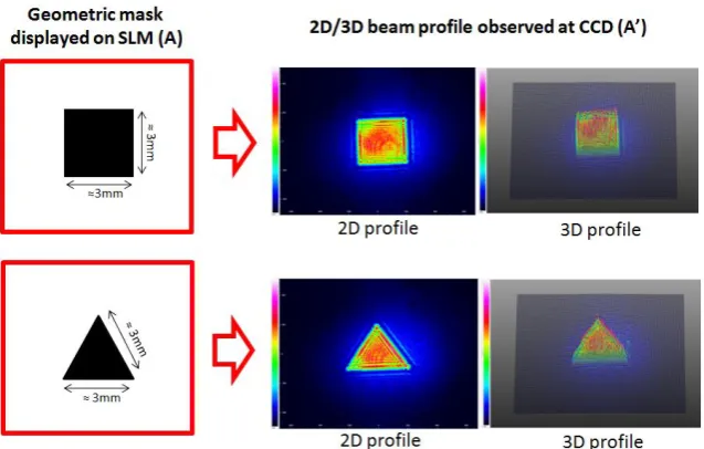 Figure 2: Geometric phase masks, square and triangle, applied to the SLM at A and the  correspondent beam profiles observed at A’ 