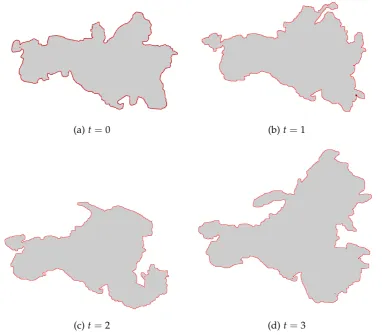 Figure 4.1: A wildﬁre progression example. The boundaries of ﬁre regions Rt areindicated in red.