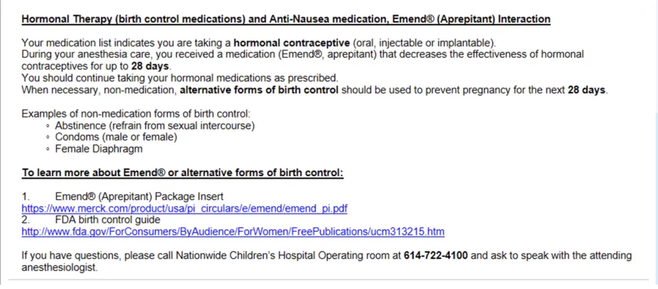 Figure 1 Prompt from the electronic medical record which is provided to the patient as information regarding the potential interaction of aprepitant with hormonalcontraceptive agents.