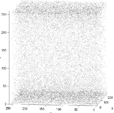Fig 11: Distribution of vacancies in thin foil after 3.106 vacancy-interstitial pair generations (T1=3500 and N=224) 