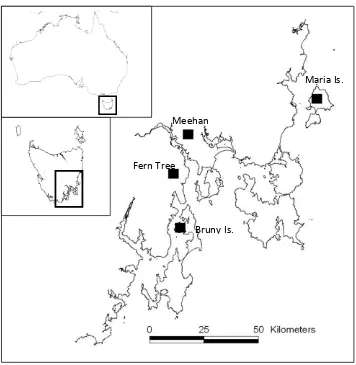 Figure 1. Location of 4 study sites where Swift Parrot nest surveys were conducted in 