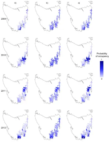 Figure 3. Prediction maps of swift parrot occupancy 2009-2012, showing: a) simple 