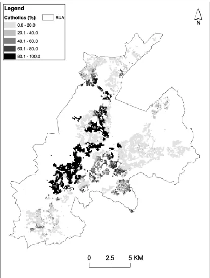 Figure 1. BUA: Catholics by community background for 100m cells. Source: 2001 Census: Northern Ireland Grid Square Data