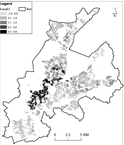 Figure 4. BUA: Local I for community background log ratios – Euclidean distances, locally-adaptive kernel bandwidth of a minimum of 20 nearest neighbours (bi-square)