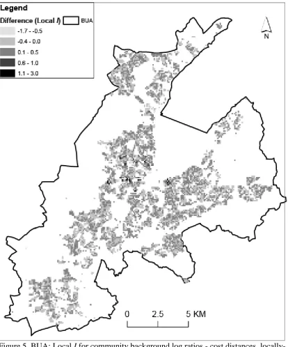 Figure 5. BUA: Local I for community background log ratios - cost distances, locally-adaptive kernel bandwidth of a minimum of 20 smallest accumulative costs including the source cell (bi-square) minus local I, Euclidean distances, locally-adaptive kernel 