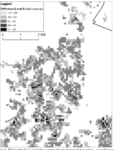 Figure 6. BUA (detail): Local I for community background log ratios - cost distances, locally-adaptive kernel bandwidth of a minimum of 20 smallest accumulative costs including the source cell (bi-square) minus local I, Euclidean distances, locally-adaptiv
