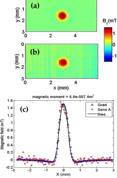 Figure 4. Gradiometer test with a sample consisting of a cavity with 500 µm diameter, 400 µm depth and filled with 99.9% pure magnetite, approximately 102 µg