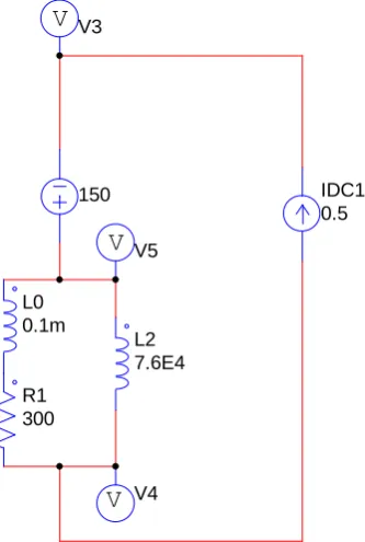 Fig.4 a circuit for numerical calculations. Note that V3, V4 and V5 imply the probes of electrostatic potentials and that 