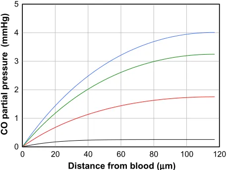 Figure 9 Artery wall CO partial pressure (PCO) as a function of distance from the blood surface for times of 10 seconds (black curve), 50 seconds (red curve), 100 seconds (green curve), and an infinite time (blue curve), after suddenly turning on tissue CO
