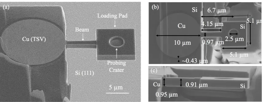Figure 1. TSV specimens: (a) FIB-SEM dual beam system, (b) TSV in silicon substrate, schematics of (c) micro-pillar, (d) micro-cantilever experiments, SEM images of (e) micro-pillar adapted with permission from [8], (f) cantilever beam specimens