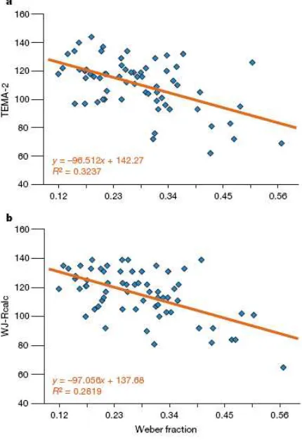 Fig. 8. Linear regression of the standard score for each of the ANS (w). For TEMA-2 and WJ-Rcalc, higher numbers indicate better performance, whereas for the Weber fraction, lower numbers indicate better subject on the TEMA-2 test (a) or on the WJ-Rcalc te