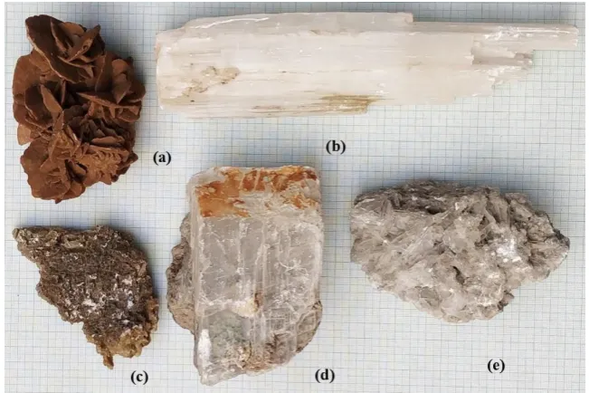 Figure 2. Scanning electron microscope (SEM) images of the samples used in the present study which include: 1: Desert Rose Gypsum, Sahara Desert, Morocco (MDRG), Gypsum, Gy, and quartz, Qtz, are identified