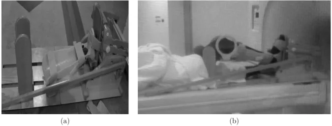Figure 2. MR compliant exercise rig: a) basic components: wooden base and flexible ankle-foot orthosis integrated within the pedal, b ) patient during scanning exerts light force to the pedal comprising the integrated force measuring