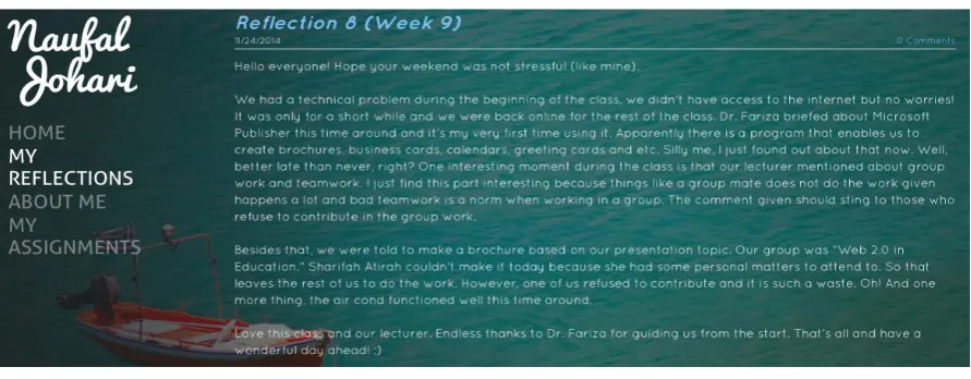Figure 1. An example of a student’s reflection in an e-portfolio.  
