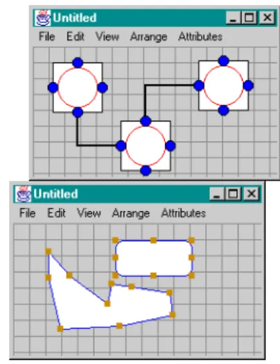 Figure 1  shows  screen  captures  of  a  simple  demo  application  that  uses  GEF.  GEF  is  designed  using  the  Model-View-Controller architecture separating the graph  models  from  the  display  information  in  Java  SWING