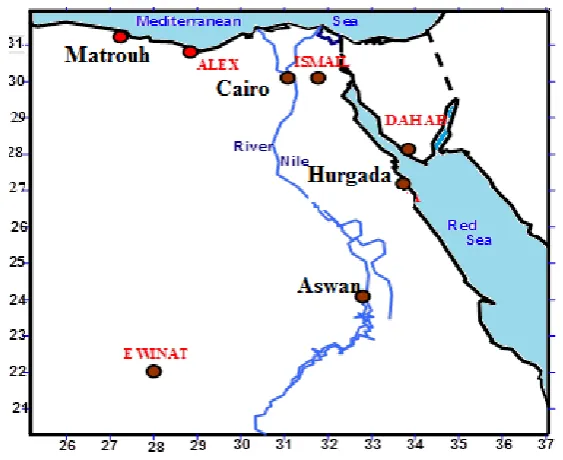 Fig. 2: The name and position of the selected stations over Egypt.  