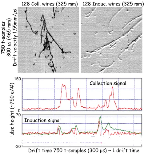 Figure 2. Two muon tracks with diﬀerent inclinations in the mini LAr-TPC at CERN equipped with the newread-out electronics