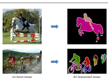 Figure 1.3: An example of object segmentation (top) and instance segmentation (bottom).Given the input image, we need to segment the objects (or instances) and label them