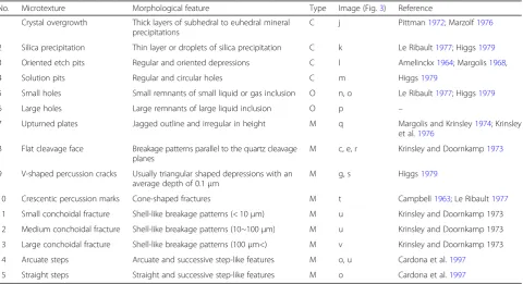 Table 1 Observed microtextures and their morphological features. C: chemical features, O: original features, M: mechanical features