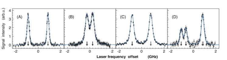 Figure 2. The resonance proﬁles of the single-photon transitions (A) (relative to the resonance centroid