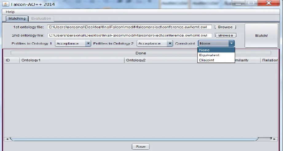 Figure 2: GUI of Falcon-AO++ showing retrieved entities and constraints 