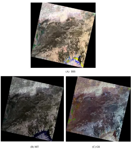 Figure 5: Fused images of the ETM-8 and ERS-1 Data of the study area with (A) IHS (B) MT (C) GS methods