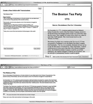 Fig. 5. Screenshots from a prototype of transclusions in an HTML-based authoring environment.