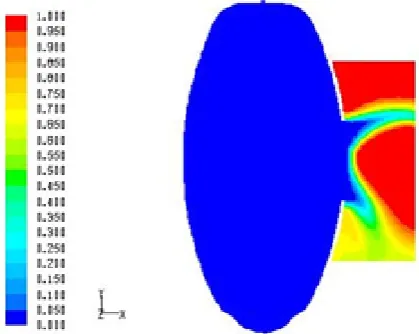 Fig. 3-4.  Water level just under the upper edge of the chamber, the rotating flow inside is transformed into axial outer flow; the gravity influence is visible yet