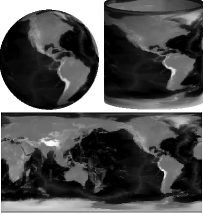 Figure 2.7: Cylindrical Map Projection of the Earth - A projection of grey-scale en-coded elevations is projected onto a cylinder and ﬂattened into a 2-D rectangle