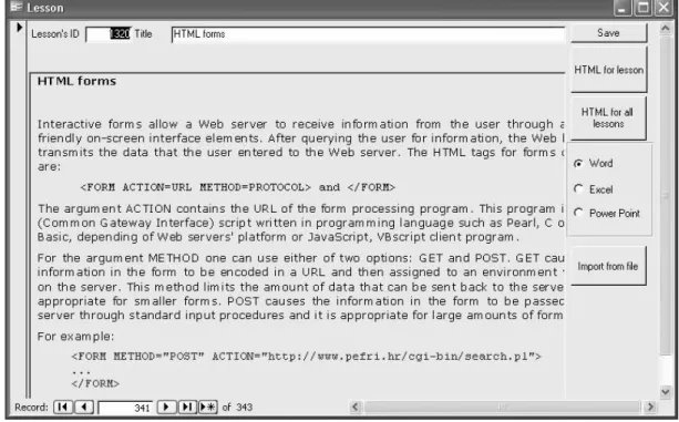 Fig. 3. MS Access form with Word OLE object that contains the text of a lesson.
