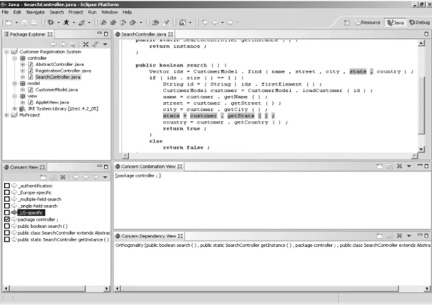 Fig. 17. Highlighting portions of the source code corresponding to concerns selected in the Concern View ( on the left ) in the Java Source Editor ( on the right ) .