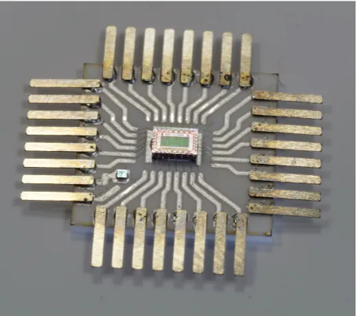 Figure 2. Assembly of REPOMO bare die (precisely in the centre) and P/N junction (close to the bottom left corner) element for direct tempera-ture measurement is mounted on top of the experimental chip expander