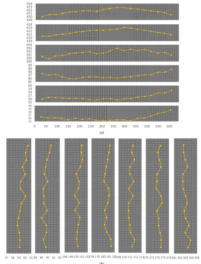 Figure 2. Image distortion from the Channel 2 camera. (a) Along a horizontal direction; (b) Along a vertical direction
