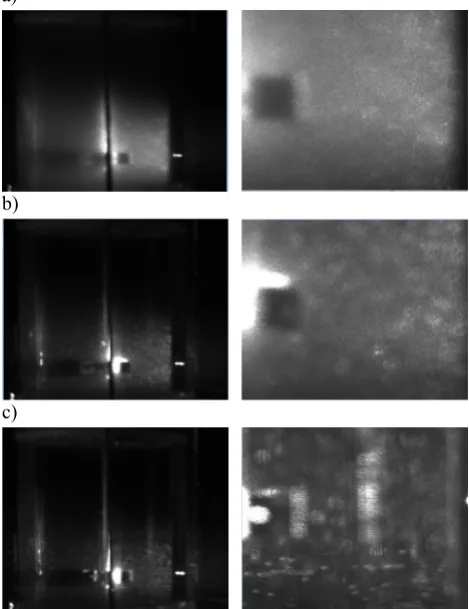 Fig. 6. Camera view on mixing process. The focused picture of interference structure. a) blurred investigated area due scattered light from bulks of oil, b) phase of forming droplets, c) measurable medium with well separated droplets of uniform size
