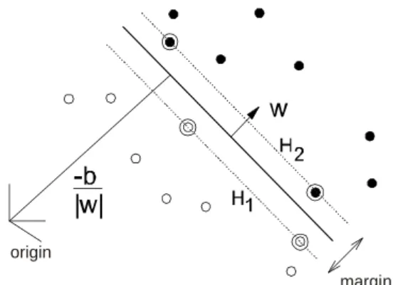 Figure  1  – Linear  separating  hyperplanes  for  the  separable case. The support vectors are circled.