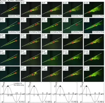 Fig. 7. Formation of onset of vortex breakdown in the cases of stationary and oscillating delta wings under variation of yaw angle, within the range of 0°β ≤β≤16°, period of oscillation, Te ranging from 5s to 60s at mean angle of attack, αm of 25°, amplitu
