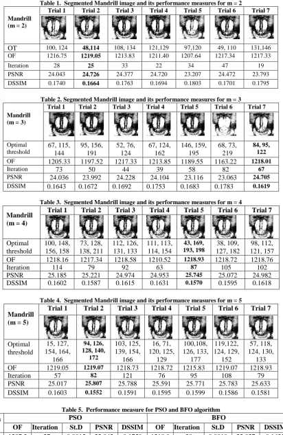 Table 1.  Segmented Mandrill image and its performance measures for m = 2 Trial 1 Trial 2 Trial 3 Trial 4 Trial 5 Trial 6 