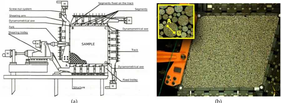 Figure 1. (a) sketch of 1γ2ε apparatus from [18]. (b) granular sample of 11 975 Schneebeli rods shearedin 1γ2ε