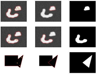 Figure 3: Results for CDSS, for three test problems (given by rows 1-3). From left to right:initialization (with user input set A), nal contour, object selected.