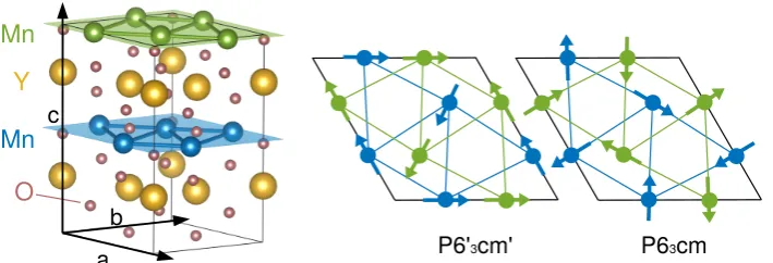 Figure 1. Left panel shows the unit cell of YMO with the Mn layers highlighted with green and blue(drawn using Vesta [20])