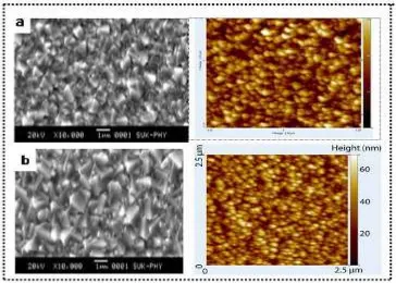 Fig. 3: SEM and AFM micrographs of the FTO films as a function of SND 