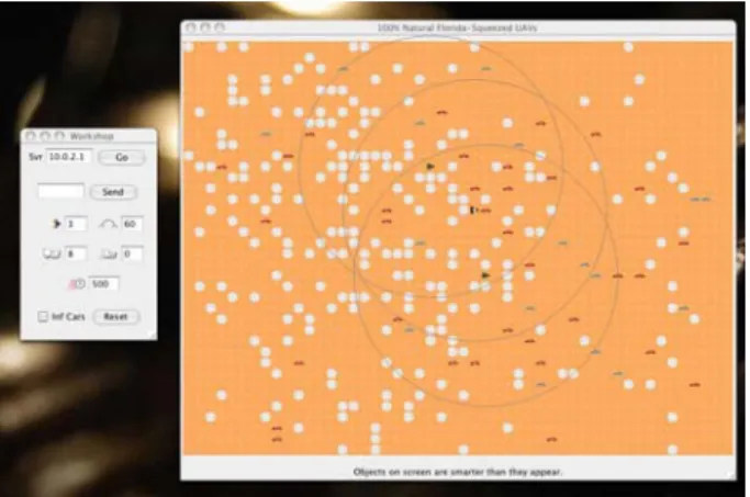 Figure 2.  Snapshot of our UAV simulation screen  Figure 2 depicts a typical flight pattern of a swarm of  UAVs tracking terrestrial vehicles