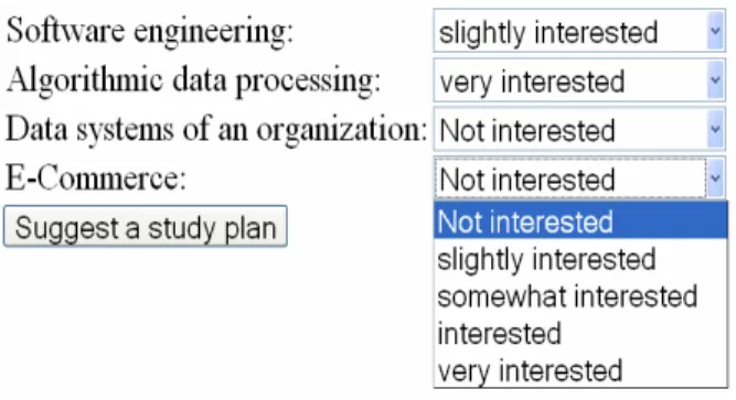 Figure 4: Form for gathering data on student’s  interests. See [5] for more details. 
