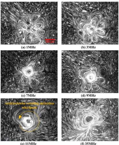 Figure 2. Frequency-dependent flow field of ROT-ETF captured in experiment using a high-speed (e) frequency beyond the reciprocal charge relaxation time, rotating streamlines of the anticlockwise CCD camera, for given voltage amplitude A=7.5V
