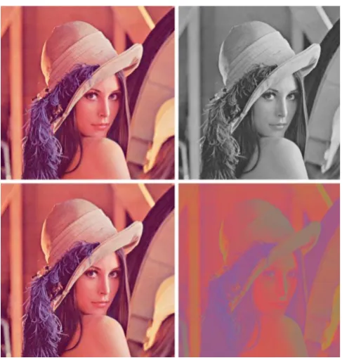 Fig.2. Symplectic decomposition of “Lena” image. Clockwise from upper left: original, parallel part, perpendicular part, and all original images were full color images
