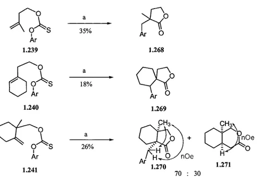 Table  1.1  which  gave  thionolactone  1.28  in  less  than  2%  yield.  When  the  reaction  is  carried  out  on  more  substituted  alkenes  such  as  the  cyclic  alkene  precursors  1.240  and  1.241,  lower  yields  of  the  products  were  observed